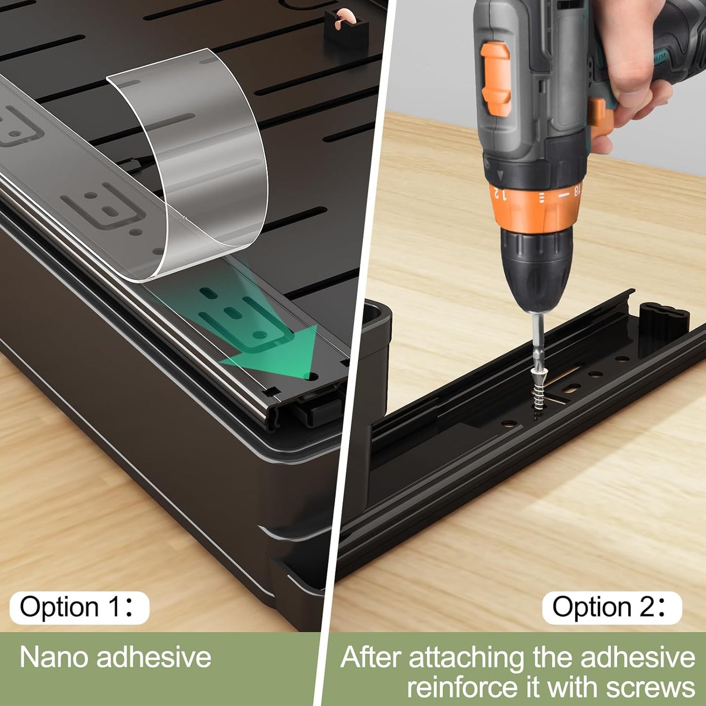 2 Pack Expandable Pull Out Cabinet Organizer, AOKIWO Slide Out Drawers Storage with Adhesive Nano Film for Kitchen Pantry Under Sink (Black, 13''-19'')