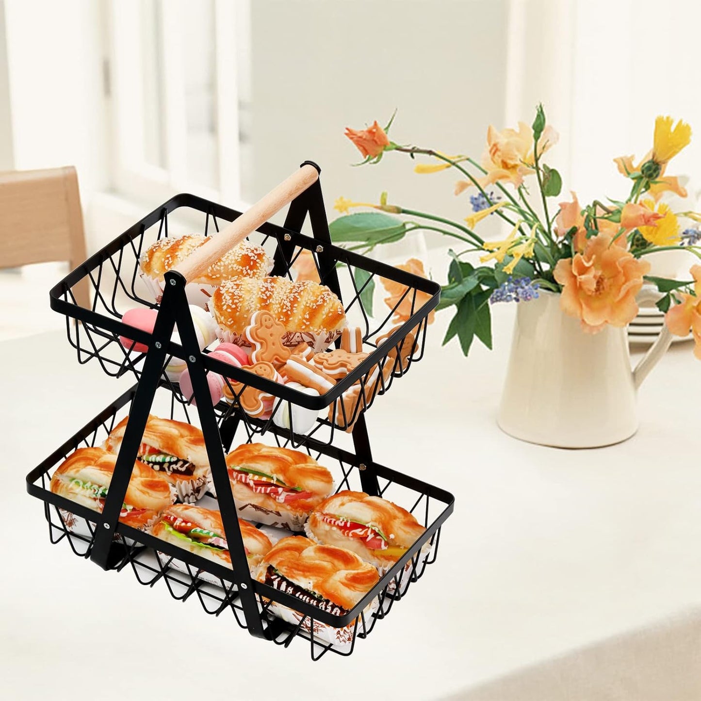 Metal Storage Basket with Handles, 2 Tier Wire Fruit Snack Organizer Bin for Office Cournertop, Rustic Black Basket for Storage