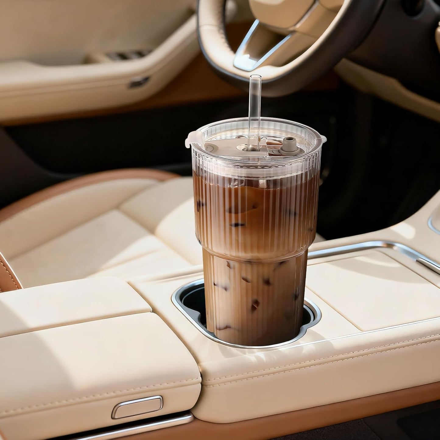 Iced Coffee Cups with Lids, 4Packs Ribbed Glass Tumbler with Straws and Lids, 20oz Leak Proof Tumbler Coffee Bar Accessories Reusable Glass Cups for To Go Iced Coffee