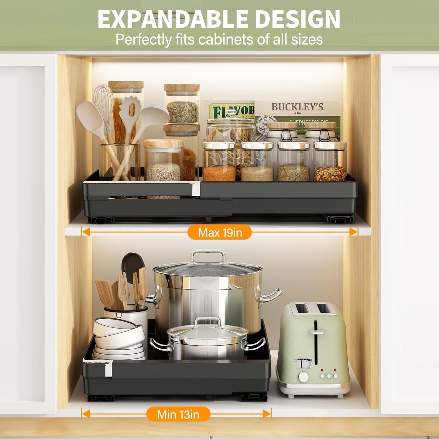 2 Pack Expandable Pull Out Cabinet Organizer, AOKIWO Slide Out Drawers Storage with Adhesive Nano Film for Kitchen Pantry Under Sink (Black, 13''-19'')