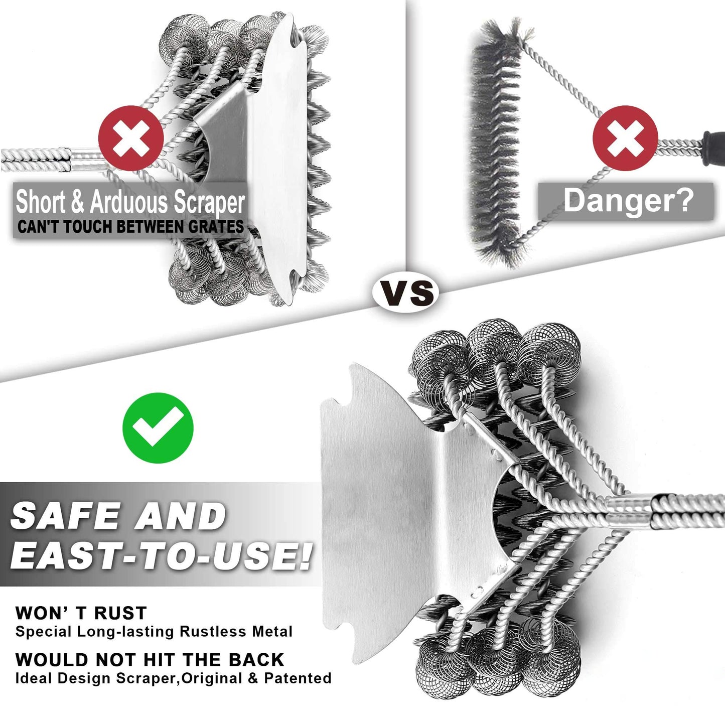 Grill Brush Bristle Free - Safe Grill Cleaning with No Wire Bristles - Professional Heavy Duty Stainless Steel Coils and Scraper