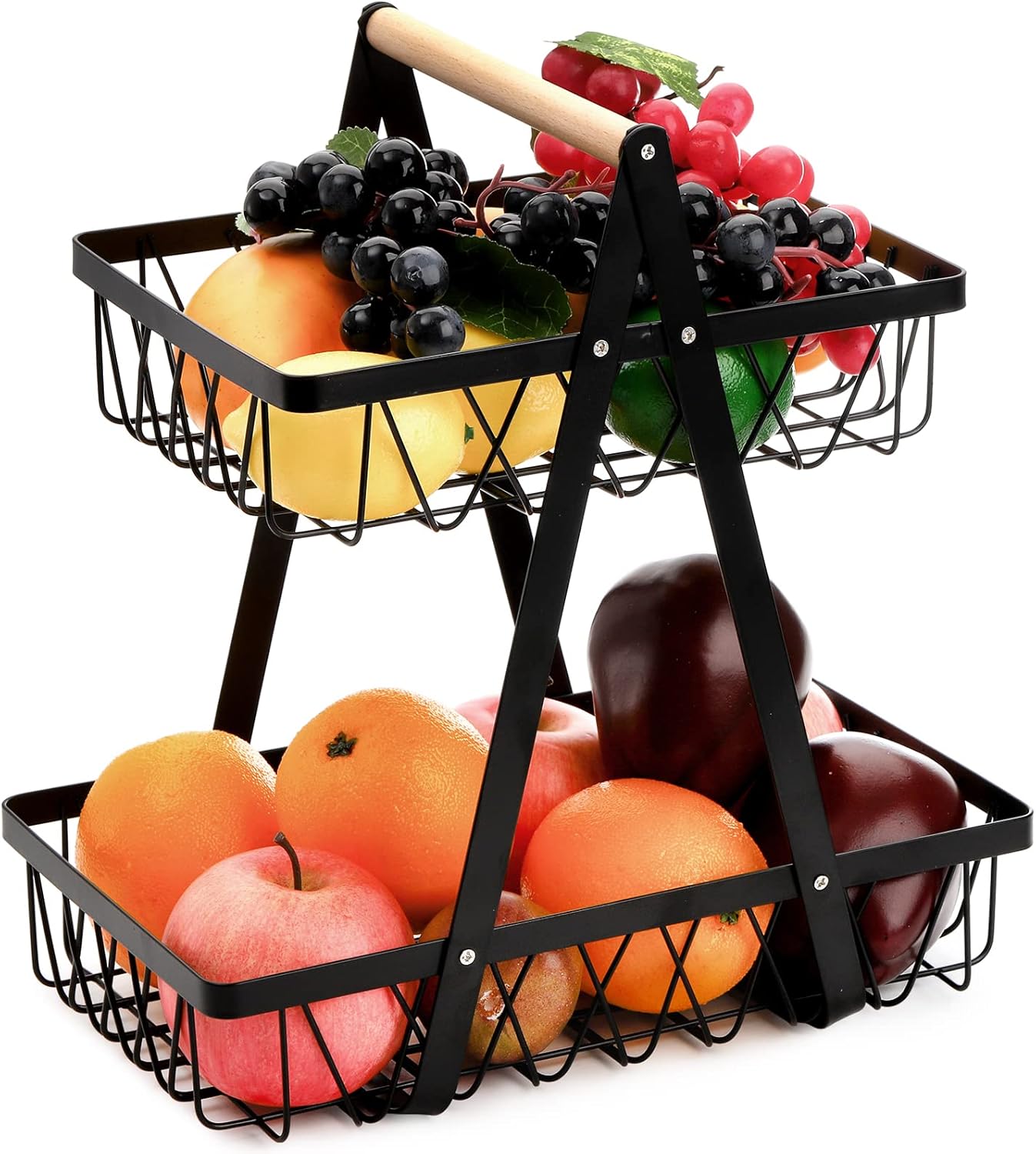 Metal Storage Basket with Handles, 2 Tier Wire Fruit Snack Organizer Bin for Office Cournertop, Rustic Black Basket for Storage