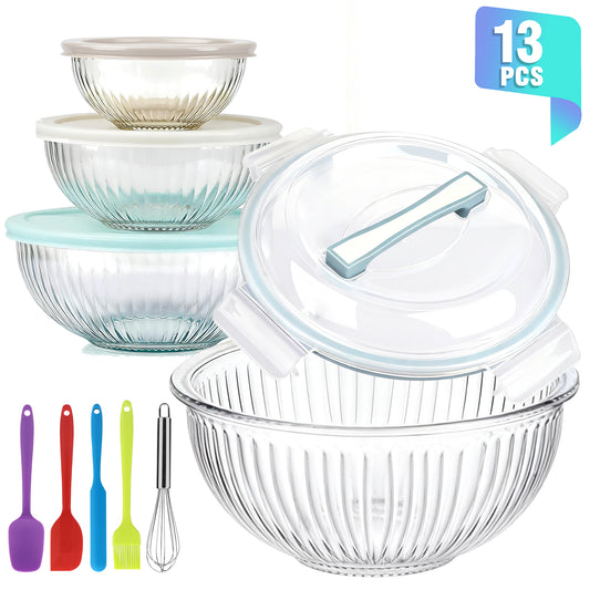 Mixing Bowls Set, AOKIWO 13 Packs 4 Size Nesting Glass Bowls with BPA-Free Lids & Baking Tools, Storage Bowl for Kitchen, Prep, Baking, Serving