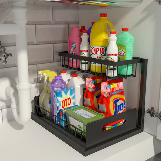 Under Sink Organizer and Storage, 1 Pack Pull Out Cabinet Organizer Slide Out Sink Shelf Cabinet Storage Shelves, Under Sink Storage for Kitchen Bathroom Cabinet
