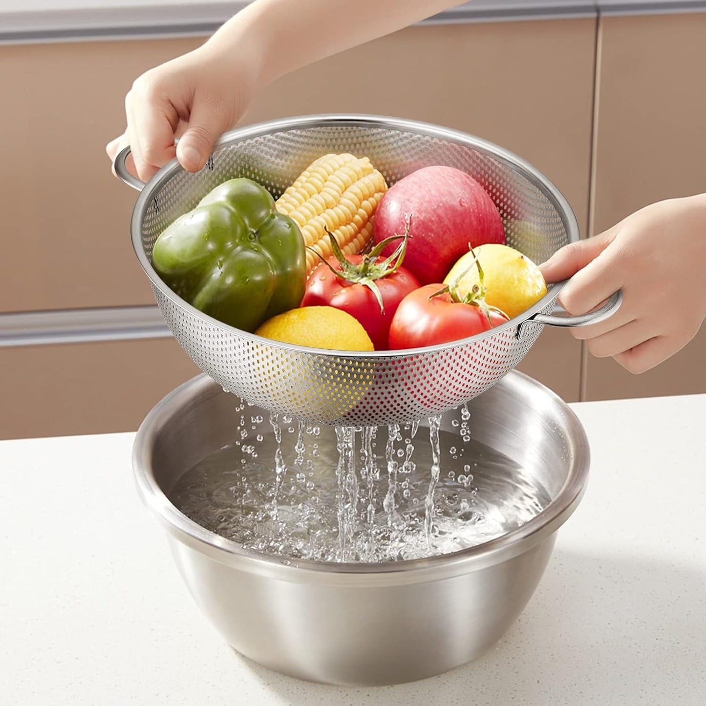 Colander Set of 3, AOKIWO Stainless Steel Micro-Perforated Colanders Strainers for Draining Rinsing Washing, Ideal for Pasta Vegetables Fruits, Heavy Duty & Dishwasher Safe - 1/3/5 Quart