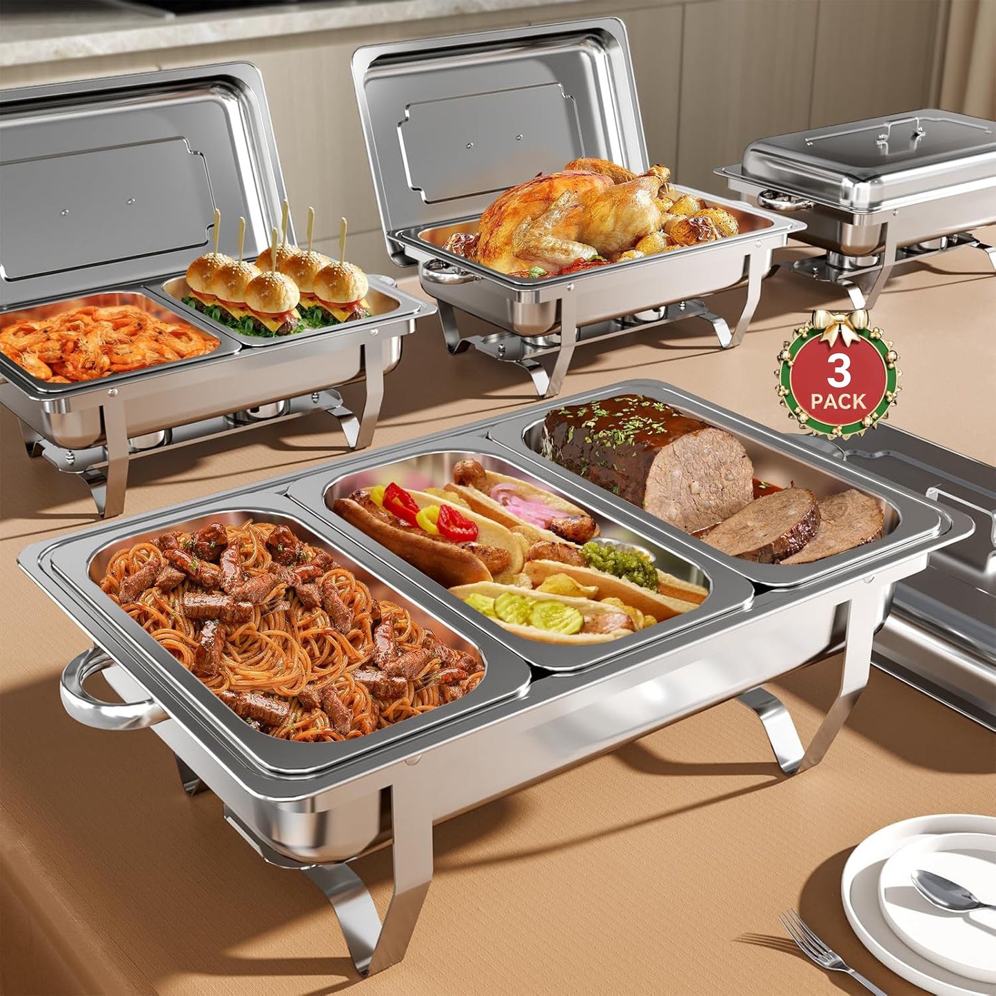 Chafing Dishes for Buffet ,AOKIWO 3 Packs 9QT Roll Edge Mirrored Stainless Steel Chafing Dish Buffet Warmers Set for Restaurant Serving Food, Party, Siver (1/3 Pan +1/2 Pan+Full Pan)