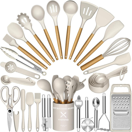 Kitchen Utensil Set, AOKIWO 34Pieces Silicone Cooking Utensil Set with Wooden Handle, Heat Resistant Spatula Set Gadgets Tools Cookware, Khaki