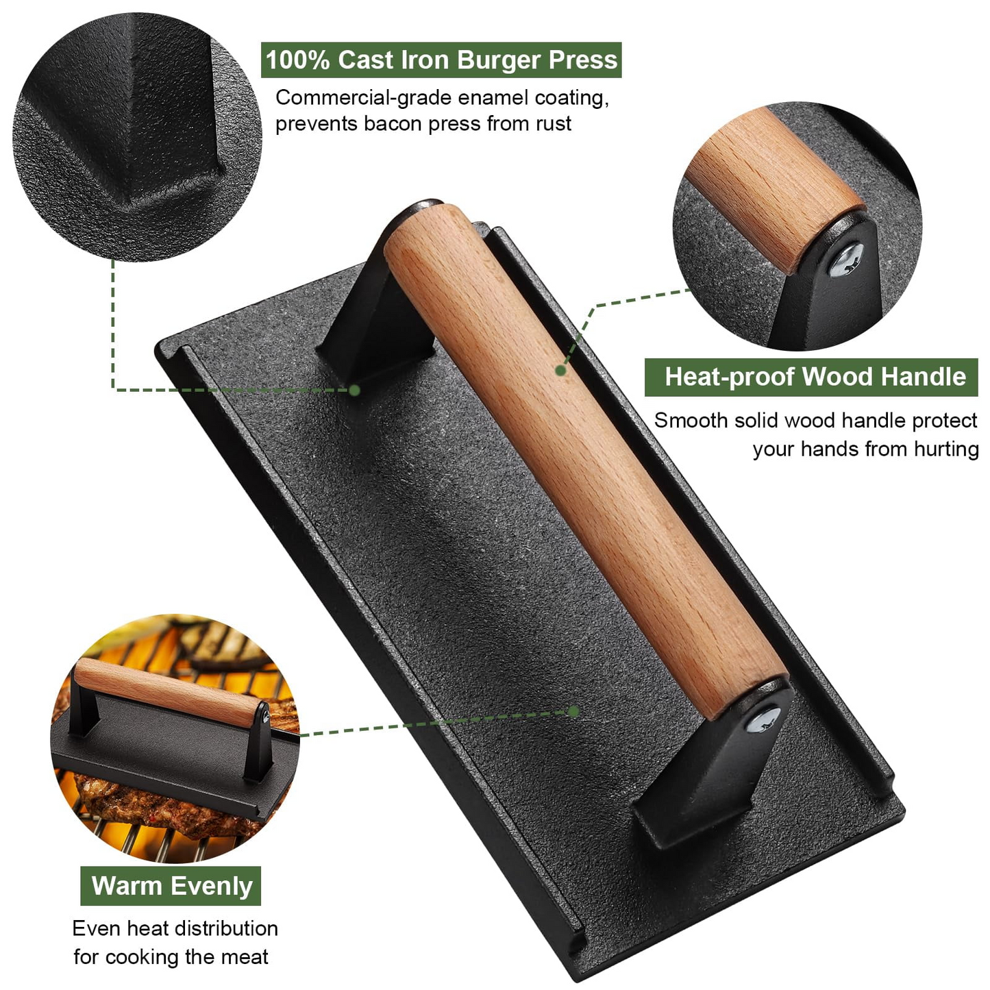 Mibote 7 " Round 8.2" x 4.3" Rectangle Cast iron Grill Press with Wooden Handle,Burger Press, Silicone Brush