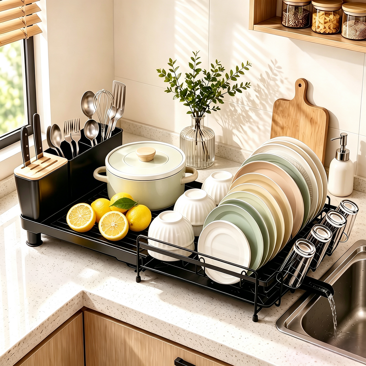 Extendable Dish Rack for Kitchen Counter, TAIMASI Multifunctional Large Dish Drying Rack, Anti-Rust Dish Drainers with Drainboard, Utensil Holder, Cup Holder, 19.2"-26.7" L x 12.9" W, Black