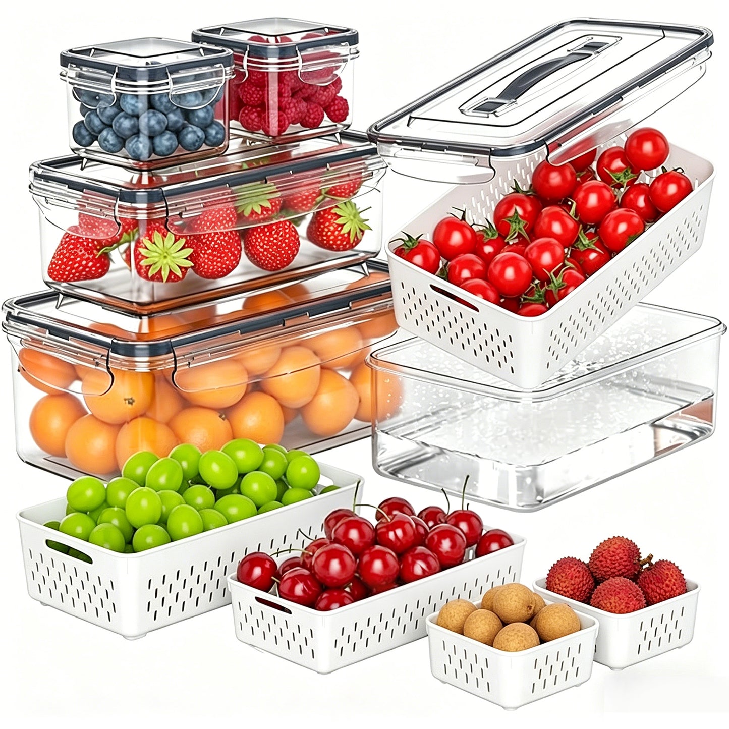 5 Pack Fruit Storage Containers for Fridge with Removable Colander & Handle Lid, Refrigerator Organizers and Storage, 5-in-1 Leakproof Organizer for Salad, Berries, Vegetables & Meat, Dishwasher Safe