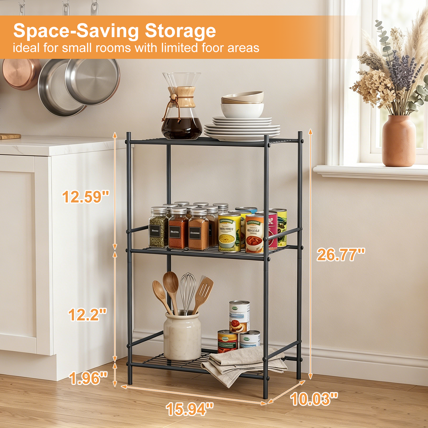 3-Shelf Steel Wire Rack Storage Shelving Organizer, Sturdy Garage Metal Rack, Tiny Versatility Storage Shelves for Kitchen, Pantry, Under Desk, 15.94" L x 10.03" W x 26.77" H, Black