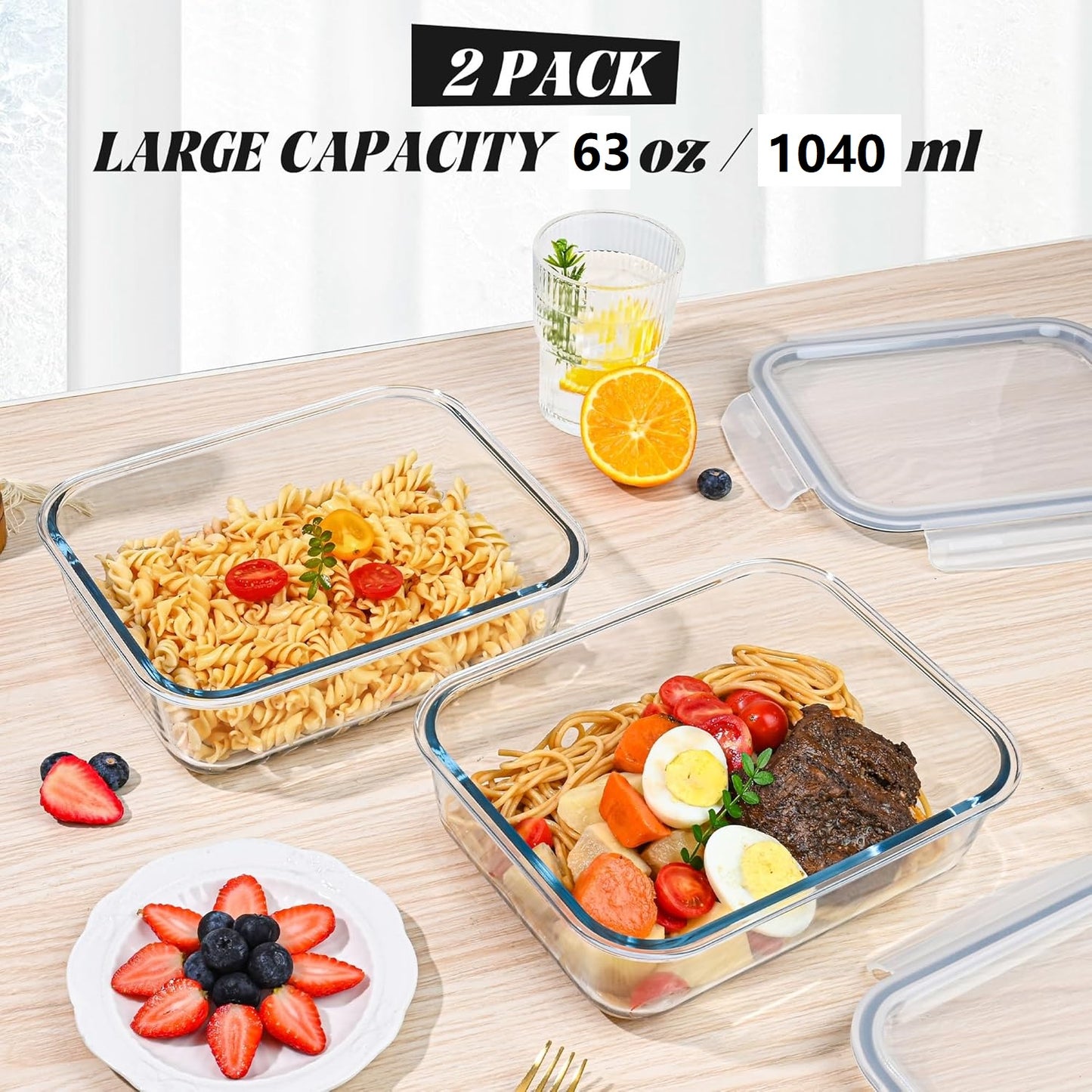 TAIMASI 4 Pcs Glass Food Storage Containers Set, 8 Cup/63 Oz Baking Containers with Leak-Proof Lids (2 containers + 2 Lids), Meal Prep, Lunch Box, Gray