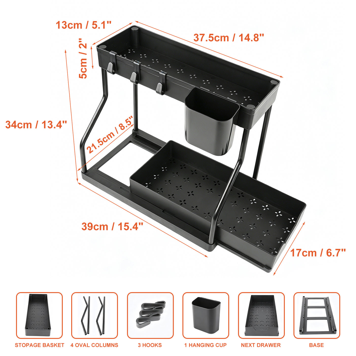 2 Pack Under Sink Organizer, 2 Tier L-Shaped Pull Out Cabinet Organizer for Kitchen and Bathroom, Space Saving Sliding Drawer Storage Rack, Durable Plastic Narrow Space Shelves, Black