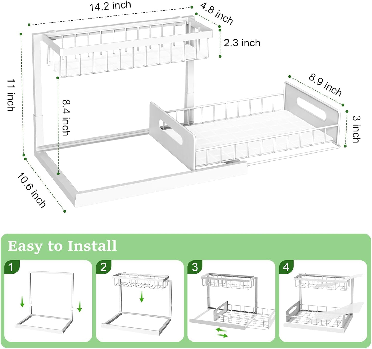 2 Pack Under Sink Organizer and Storage, Pull Out Cabinet Organizer Slide Out Sink Shelf Cabinet Storage Shelves, Under Sink Storage for Kitchen Bathroom Cabinet,White