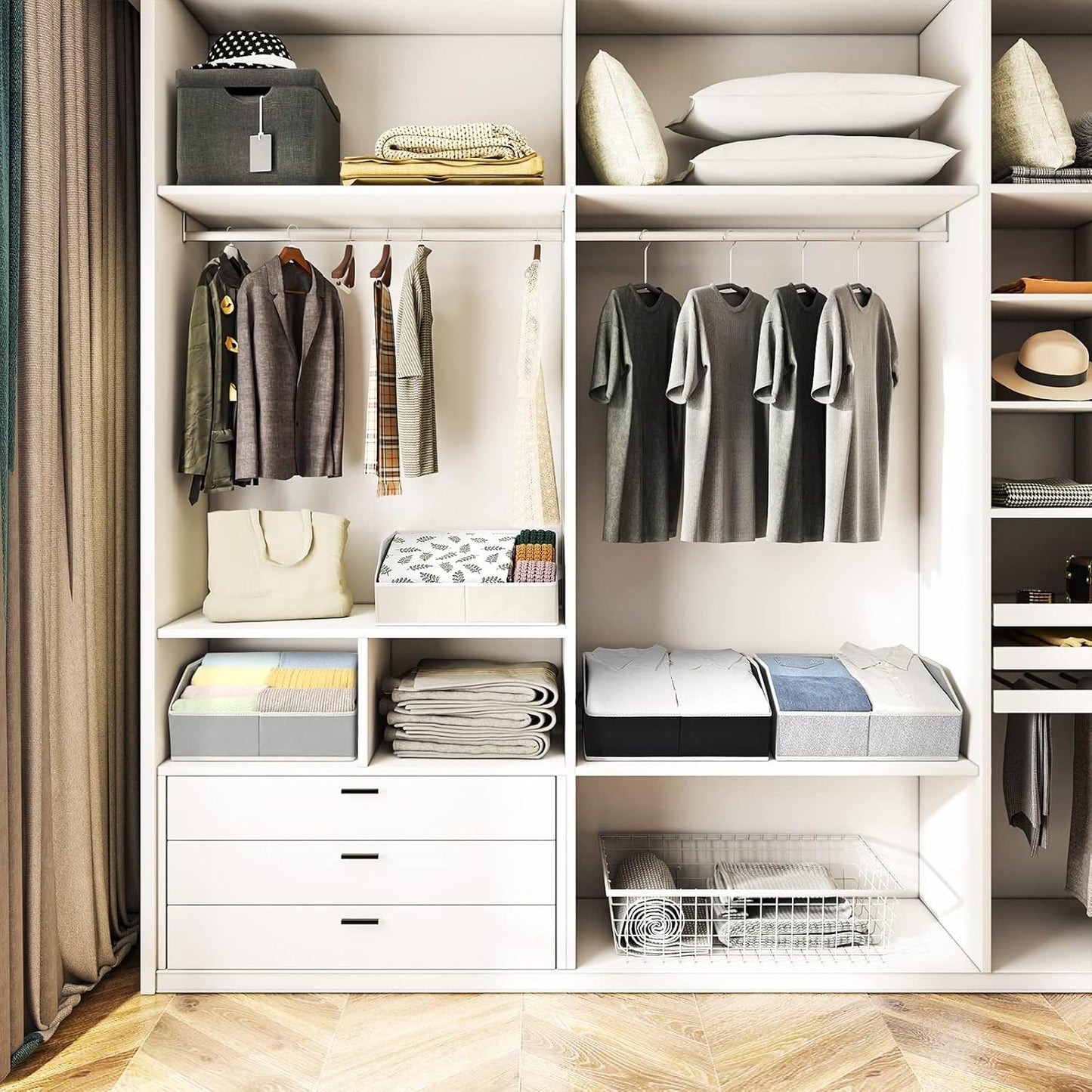6 Pack Closet Organizers Bins, Large Trapezoid Closet Shelf Organizer with Handles, Fabric Storage Bins, Collapsible Storage Cubes for Clothes, Towels - Light Gray