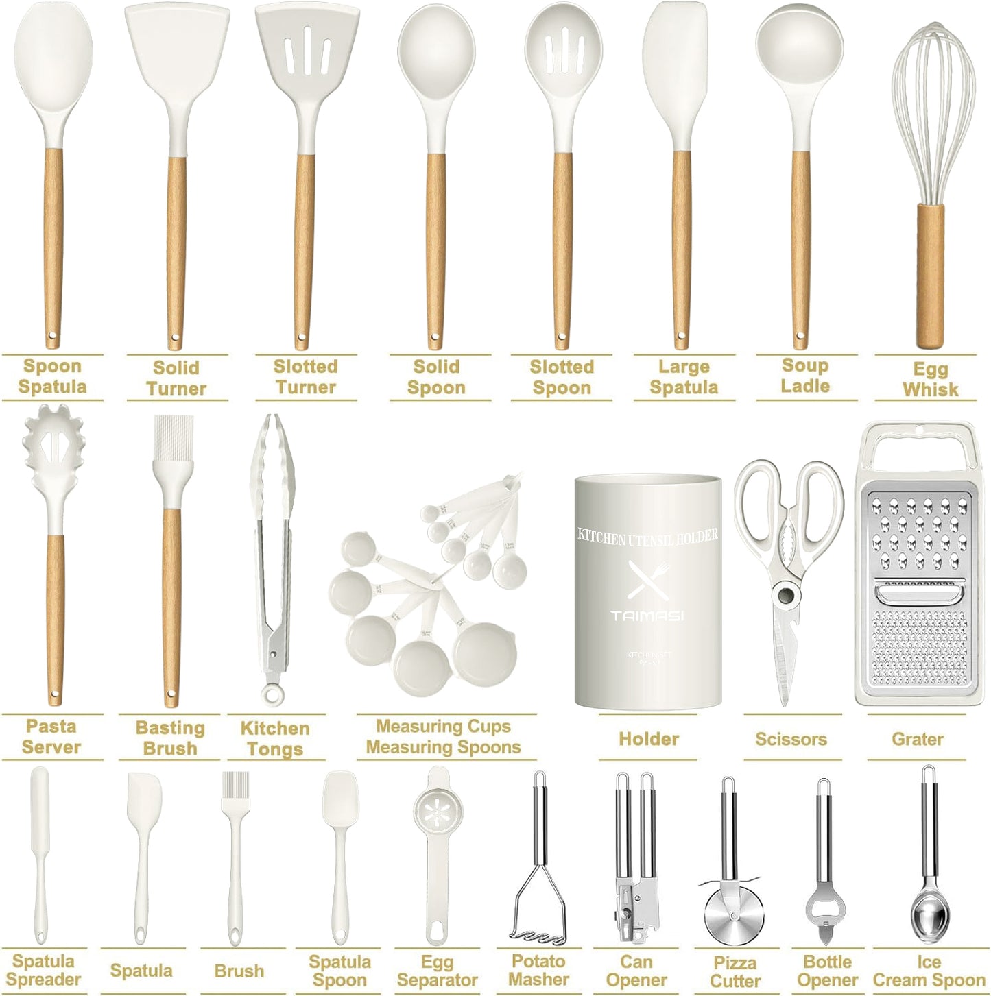 Silicone Kitchen Utensil Set, AOKIWO 34PCS Heat Resistant Kitchen Gadgets and Tools With Grater, Cream White Wood Handles for Nonstick Cookware,White