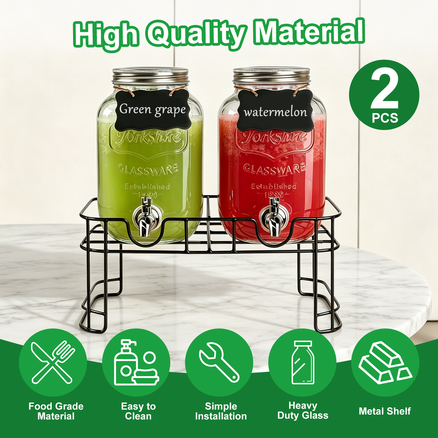 1 Gallon Glass Drink Dispensers for Parties, TAIMASI 2 Pack Beverage Dispenser with Stand & Stainless Steel Spigot, Leakproof Lemonade Drink Dispenser for Sun Tea, Homemade Juice