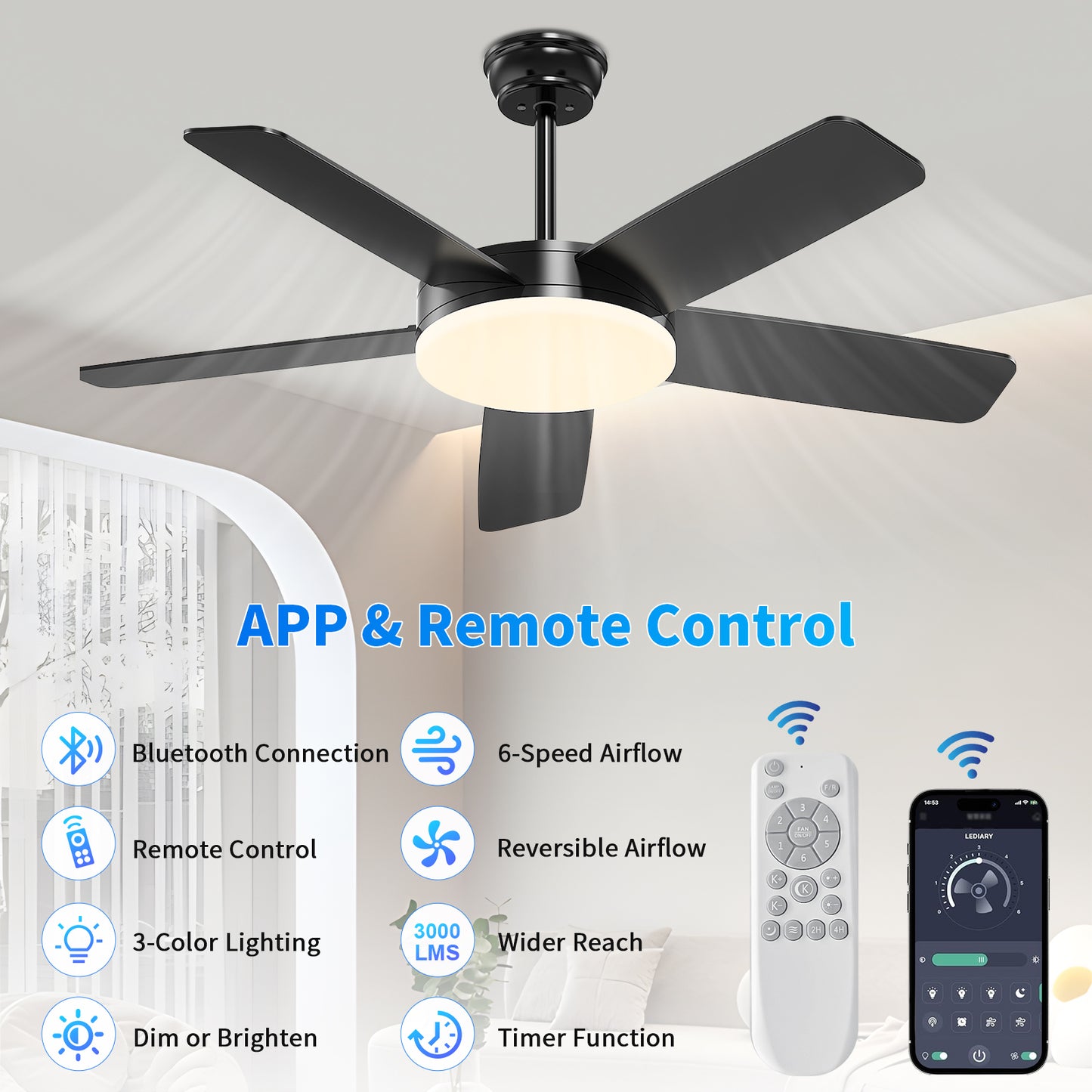 Kaqinu Ceiling Fans with Lights and Remote & App Control,45 inch Modern Ceiling Fans,6 Speeds 3 Colors for Indoor