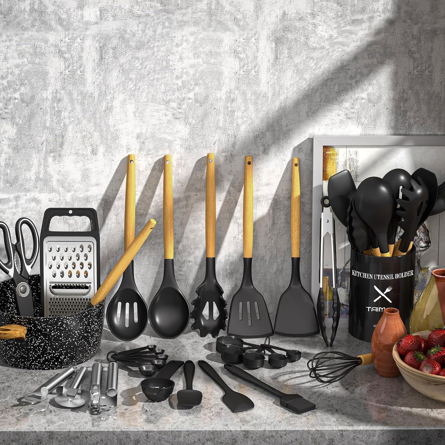 Kitchen Utensil Set, AOKIWO 34Pieces Silicone Cooking Utensil Set with Wooden Handle, Heat Resistant Spatula Set Gadgets Tools Cookware, Black