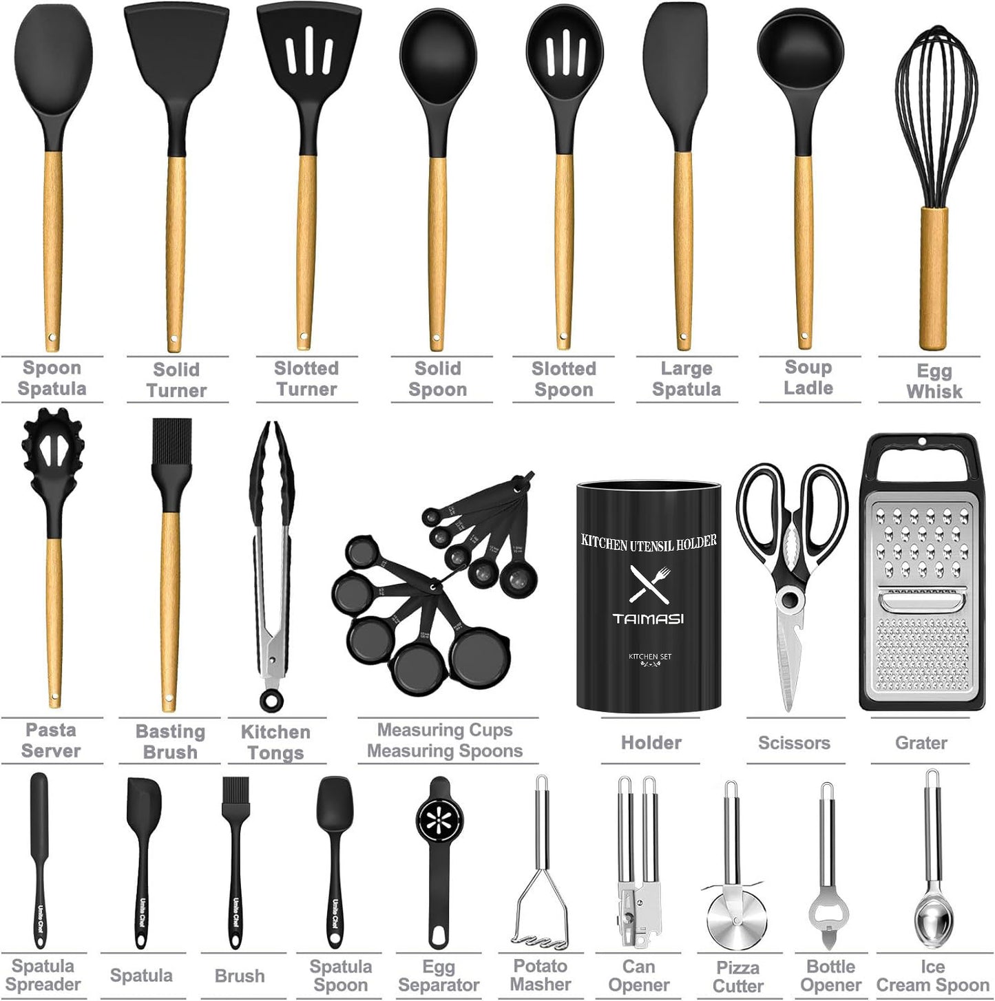 Kitchen Utensil Set, AOKIWO 34Pieces Silicone Cooking Utensil Set with Wooden Handle, Heat Resistant Spatula Set Gadgets Tools Cookware, Black