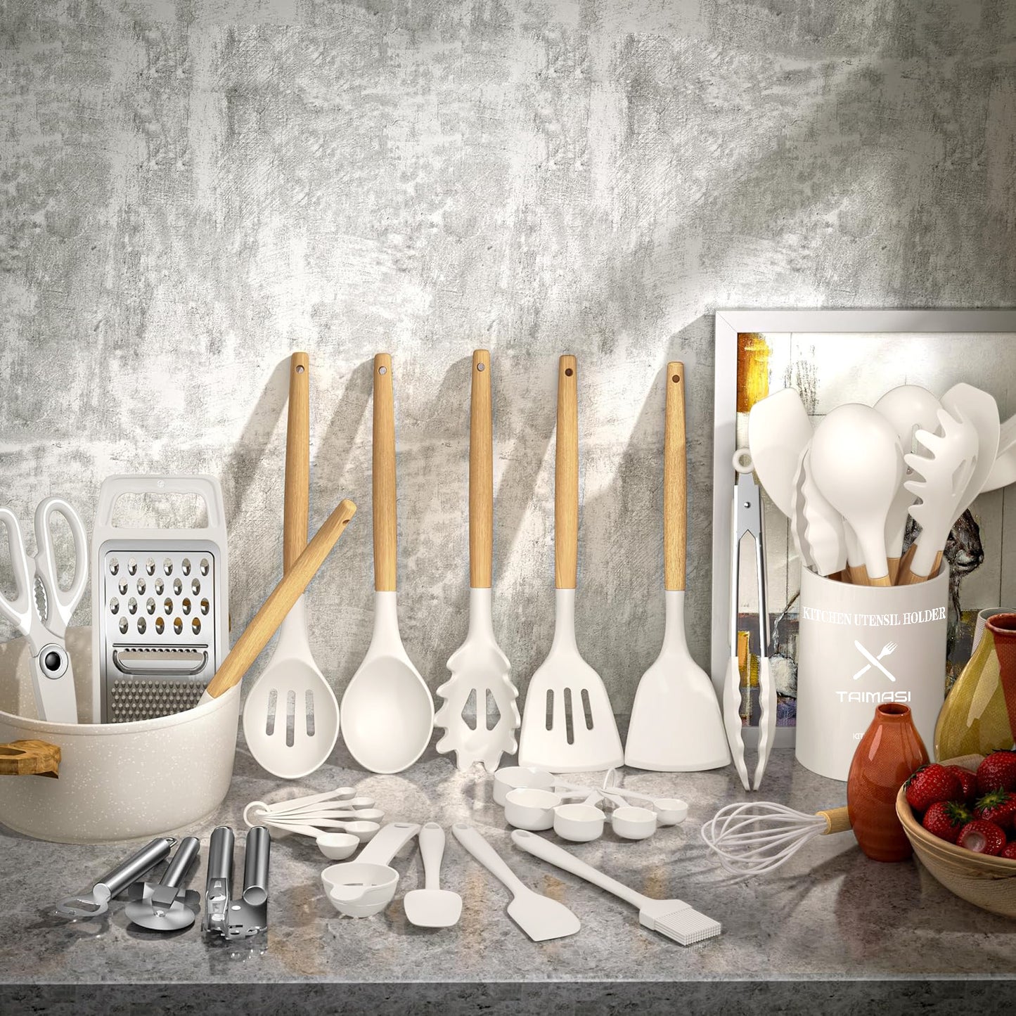 Silicone Kitchen Utensil Set, AOKIWO 34PCS Heat Resistant Kitchen Gadgets and Tools With Grater, Cream White Wood Handles for Nonstick Cookware,White