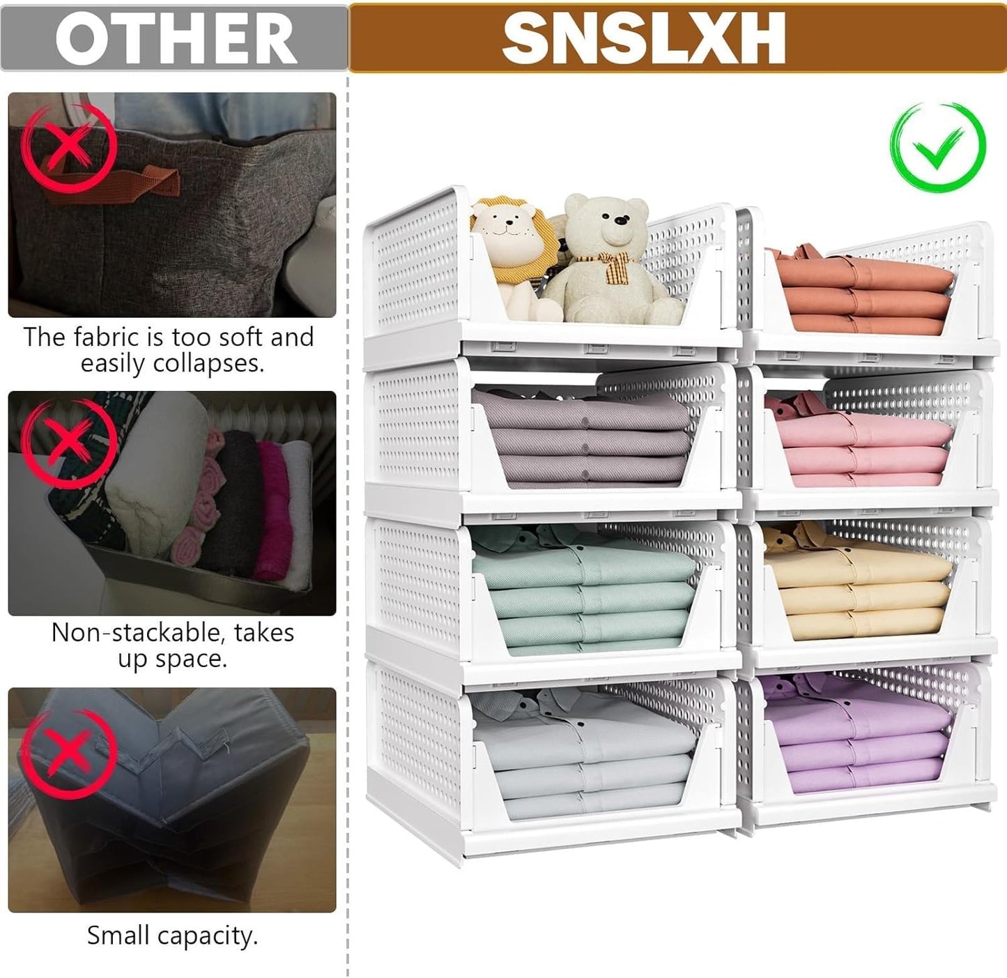 TAIMASI 5 Pack Stackable Closet Storage Basket, Multifunctional Foldable Closet Organizer for Kitchen Bathroom Laundry Room Wardrobe Storage, Space-Saving Clothes Storage Drawer Organizer, White