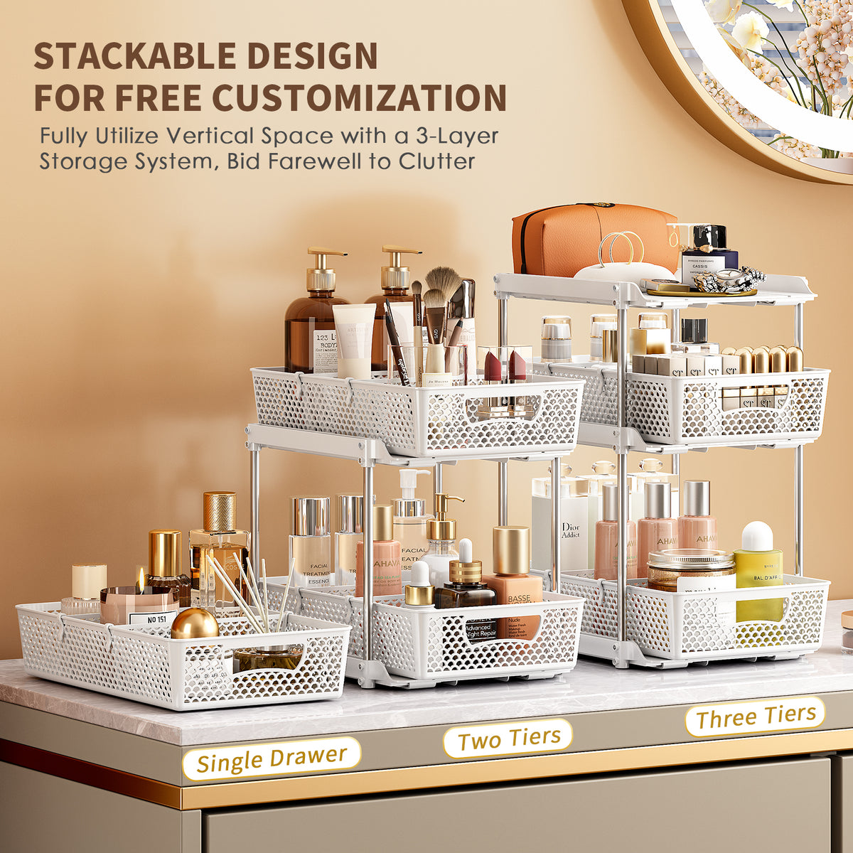 TAIMASI Pull-Out 3 Tier Bathroom Organizers and Storage, Under Sink Organizer, Kitchen Cabinet Organizer White, 3 (Count)