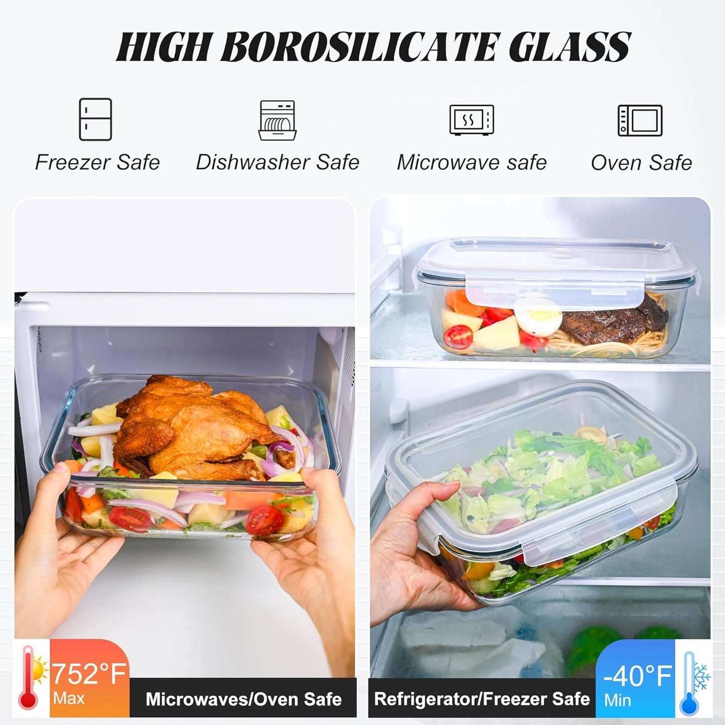 TAIMASI 4 Pcs Glass Food Storage Containers Set, 8 Cup/63 Oz Baking Containers with Leak-Proof Lids (2 containers + 2 Lids), Meal Prep, Lunch Box, Gray
