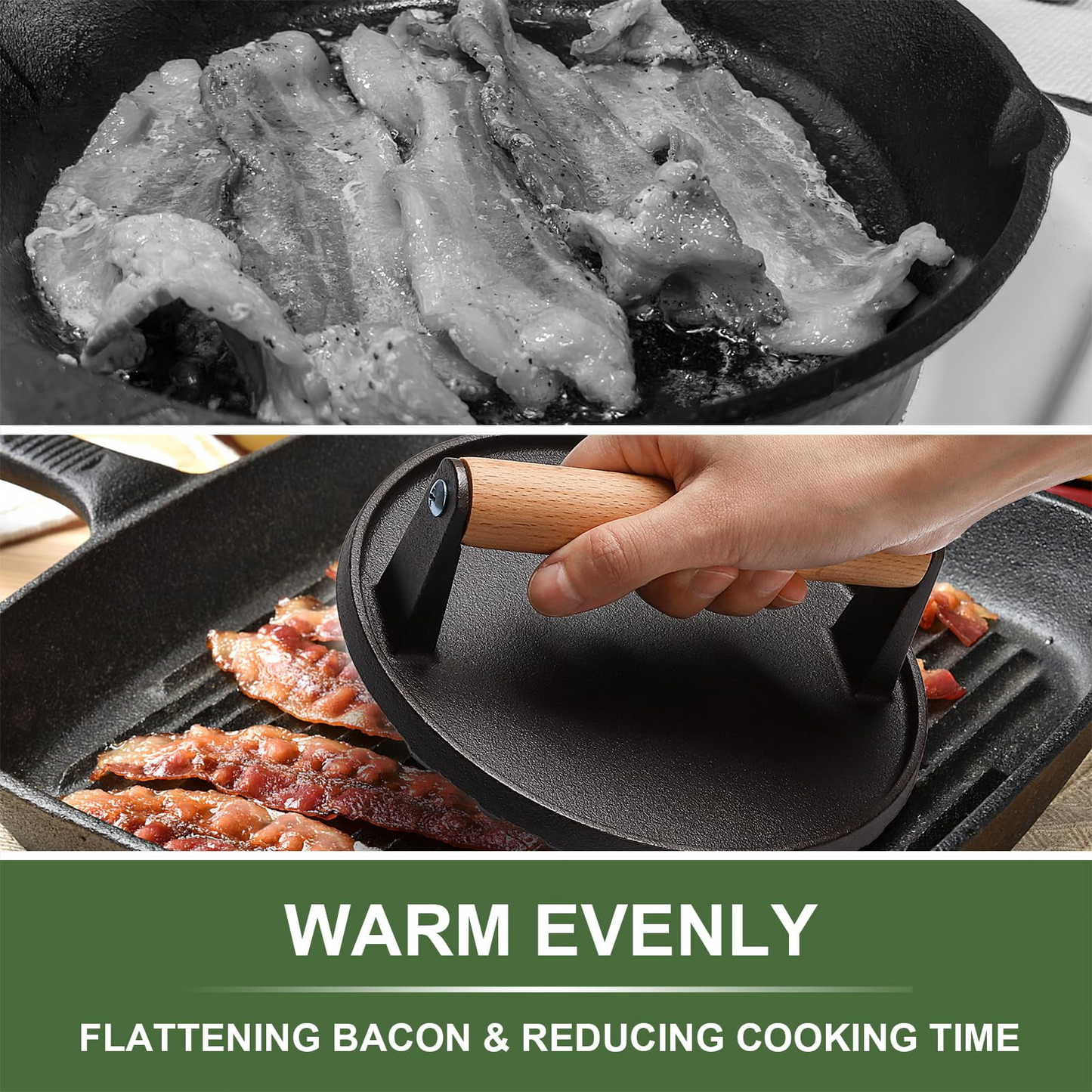 Mibote 7 " Round 8.2" x 4.3" Rectangle Cast iron Grill Press with Wooden Handle,Burger Press, Silicone Brush