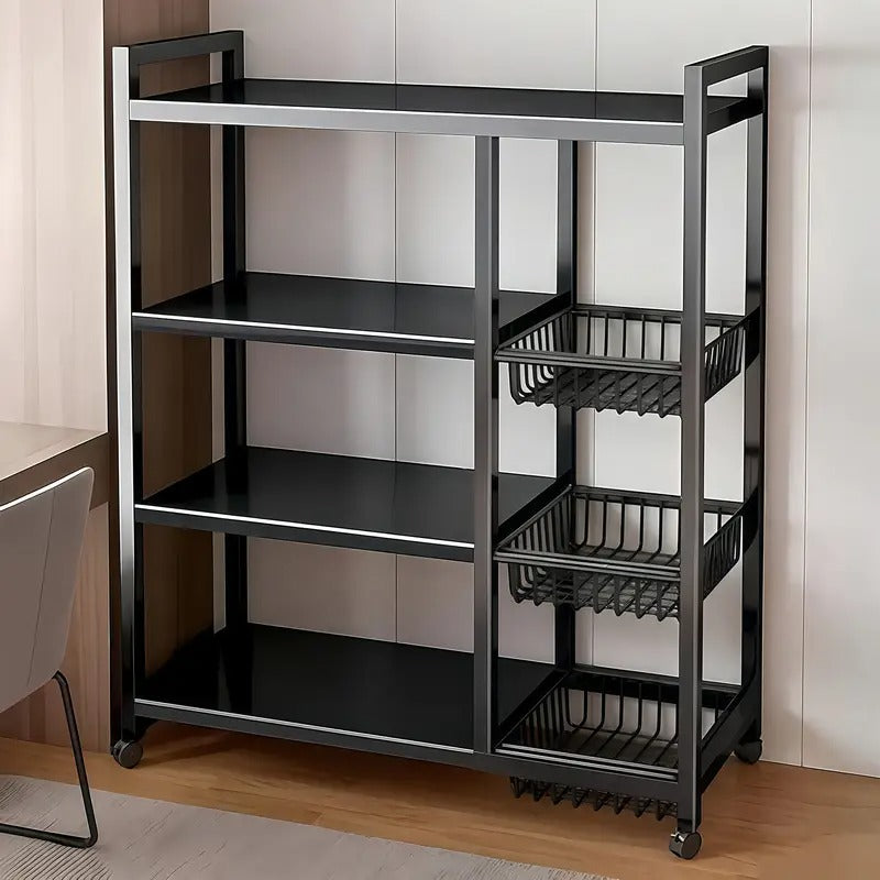 4-Tier Movable Storage Rack, Heavy-Duty Metal Shelf with 3 Wire Baskets and Wheels, Metal Shelves Organizer for Kitchen, Bathroom, Office, Garage