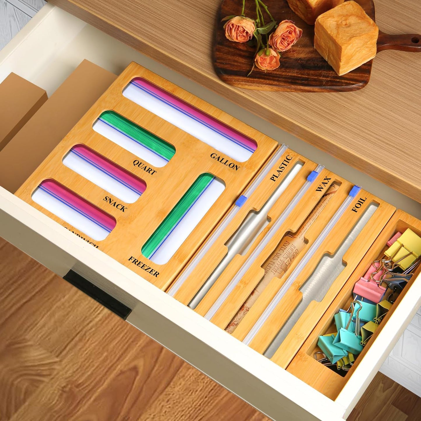 9 IN 1 Kitchen Ziplock Bag Organizer, AOKIWO Bamboo Foil and Plastic Wrap with Cutter for Kitchen Drawer, Compatible Gallon, Quart, Sandwich Snack Size