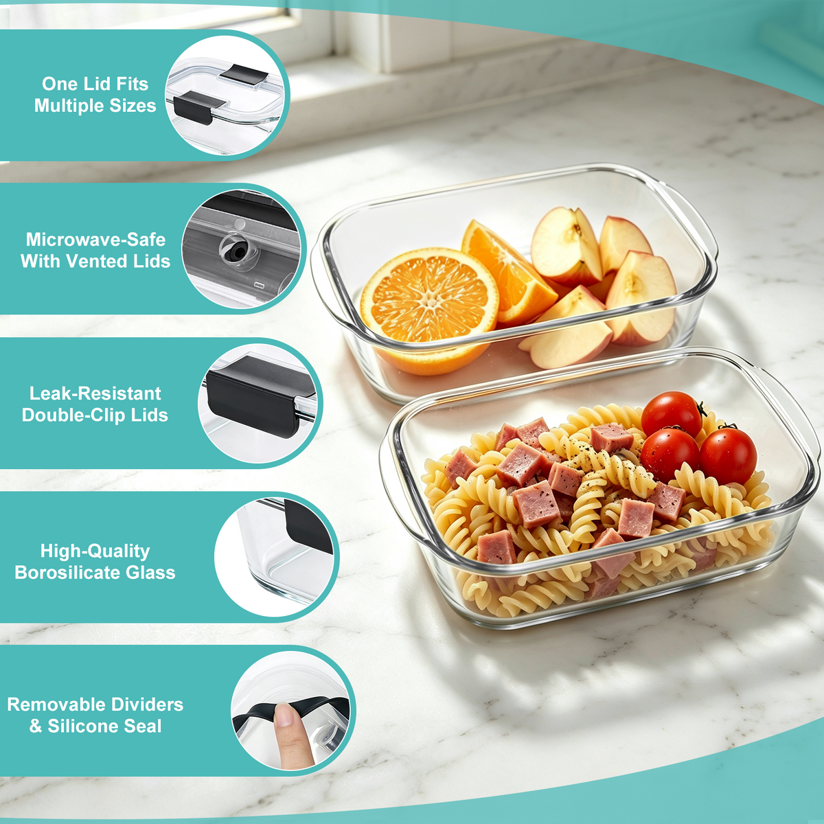 20 Pcs Glass Food Storage Containers with Lids, Glass Meal Prep Container Sets with Snap Airtight Lids, Meal Prep Containers with Sauce Cups, Microwave, Oven, Freezer & Dishwasher Safe, Leak-Proof