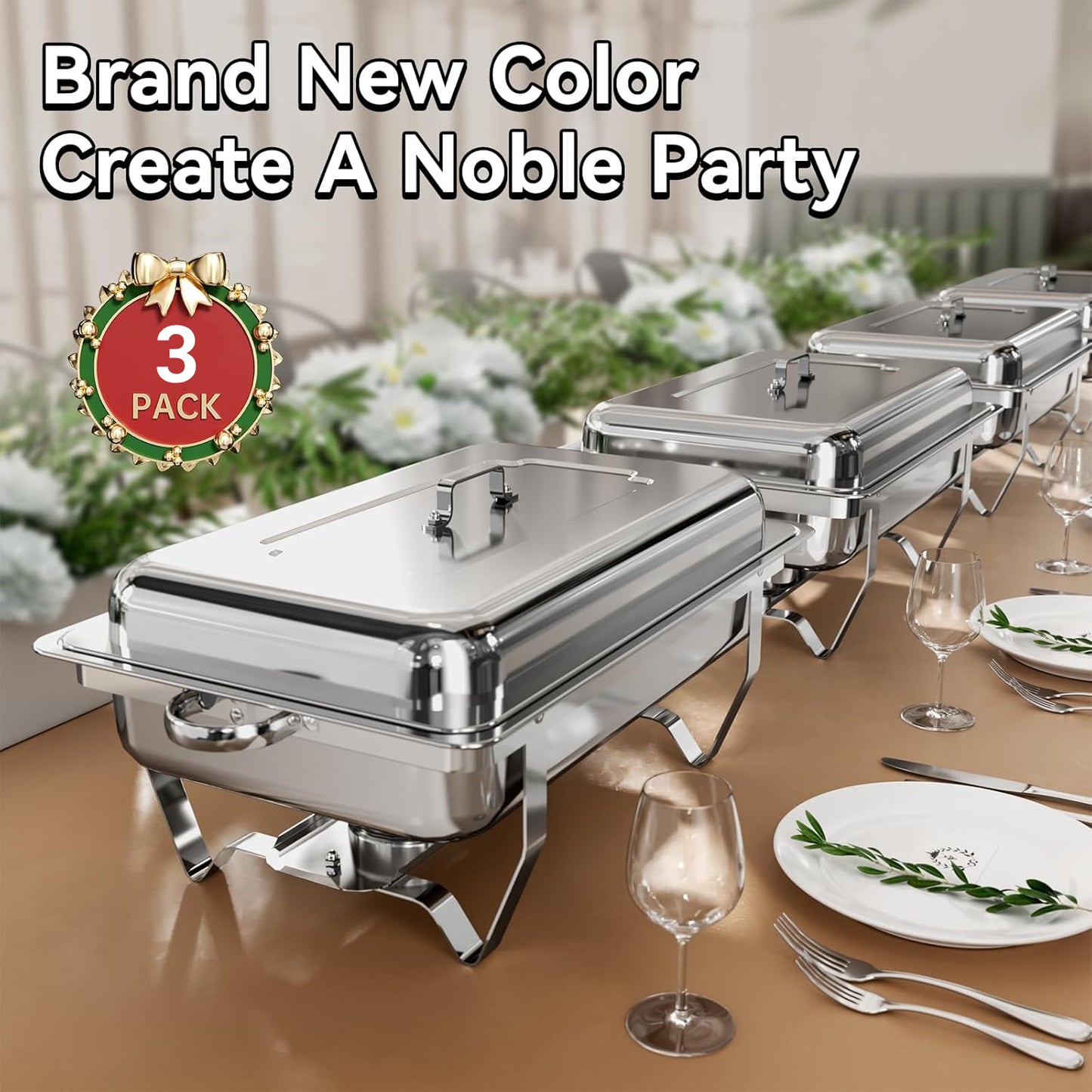 Chafing Dishes for Buffet ,AOKIWO 3 Packs 9QT Roll Edge Mirrored Stainless Steel Chafing Dish Buffet Warmers Set for Restaurant Serving Food, Party, Siver (1/3 Pan +1/2 Pan+Full Pan)