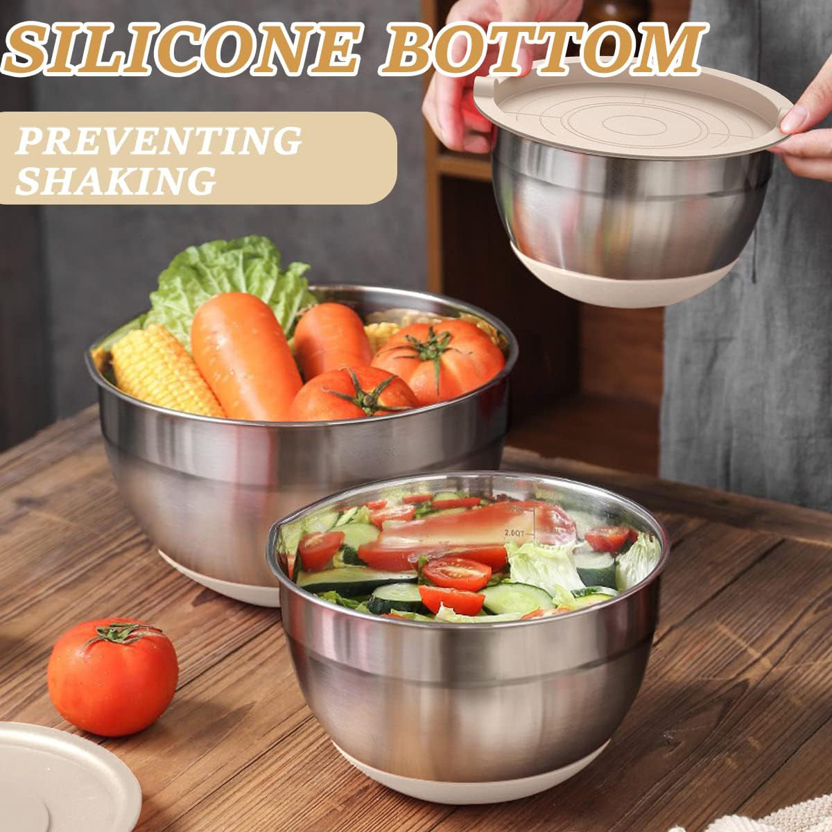 Mixing Bowls with Airtight Lids, AOKIWO 32Pcs Stainless Steel Nesting Non-Slip Bottoms Mixing Serving Bowls Set wtih 3 Grater & Tools Gadgets, 7/4/2.5/2/1.5/1QT Metal Salad Bowls for Serving Preppi