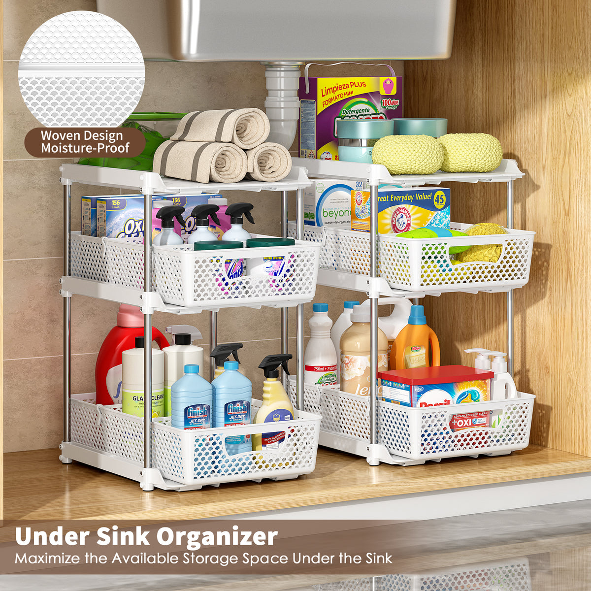 TAIMASI Pull-Out 3 Tier Bathroom Organizers and Storage, Under Sink Organizer, Kitchen Cabinet Organizer White, 1 (Count)