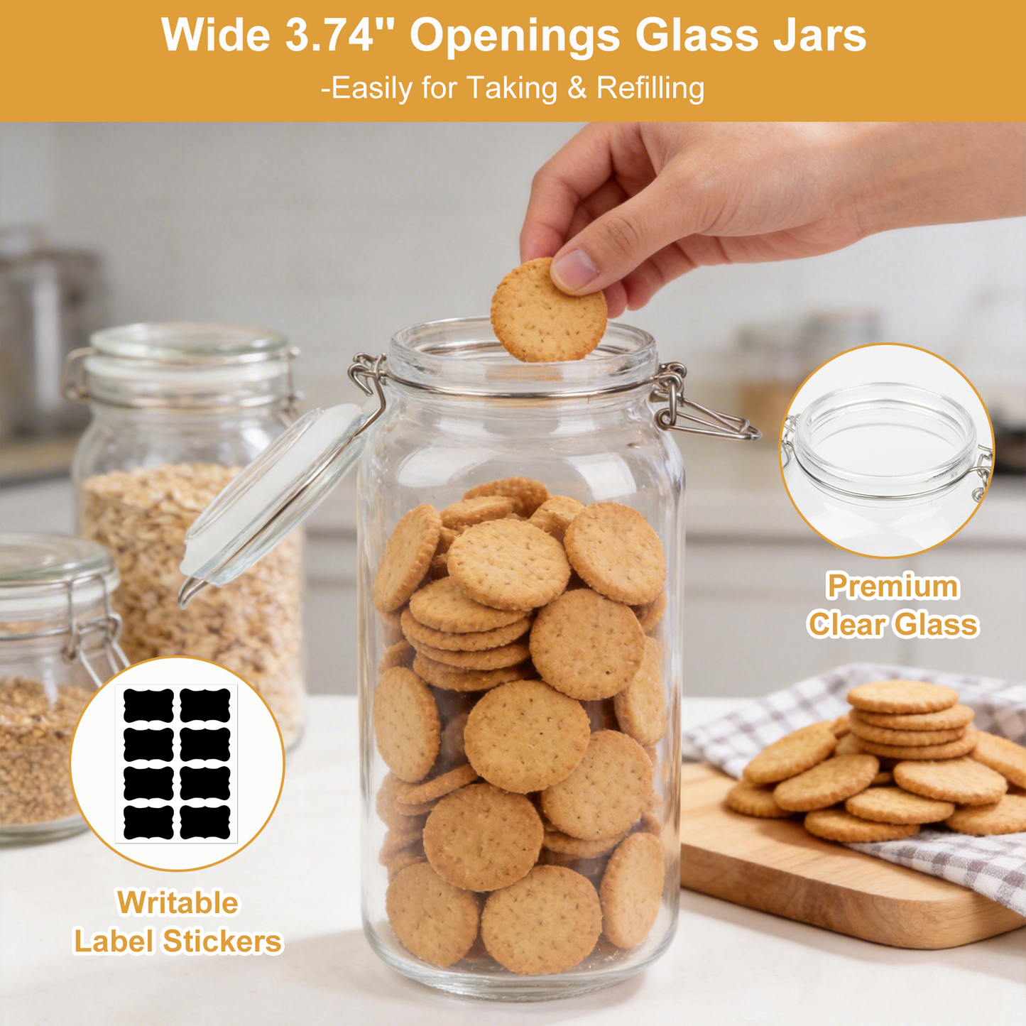 3 Pcs Airtight Glass Jars with Lids, TAIMASI 0.6 Gallon Glass Food Storage Canister with Wire Clip Fastening, Square Mason Jars with Labels & Pen for Flour, Cereal, Pasta, Bean