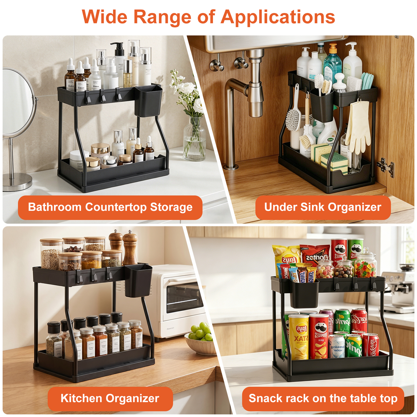 1 Pack Under Sink Organizer, 2 Tier L-Shaped Pull Out Cabinet Organizer for Kitchen and Bathroom, Space Saving Sliding Drawer Storage Rack, Durable Plastic Narrow Space Shelves, Black
