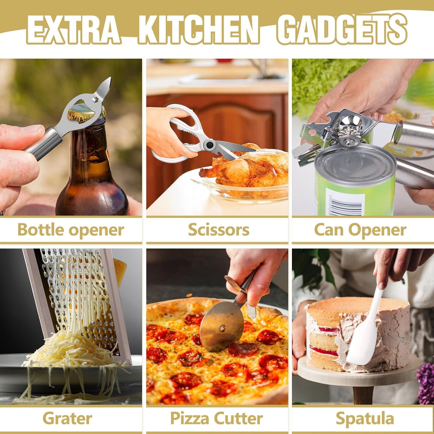 Silicone Kitchen Utensil Set, AOKIWO 34PCS Heat Resistant Kitchen Gadgets and Tools With Grater, Cream White Wood Handles for Nonstick Cookware,White