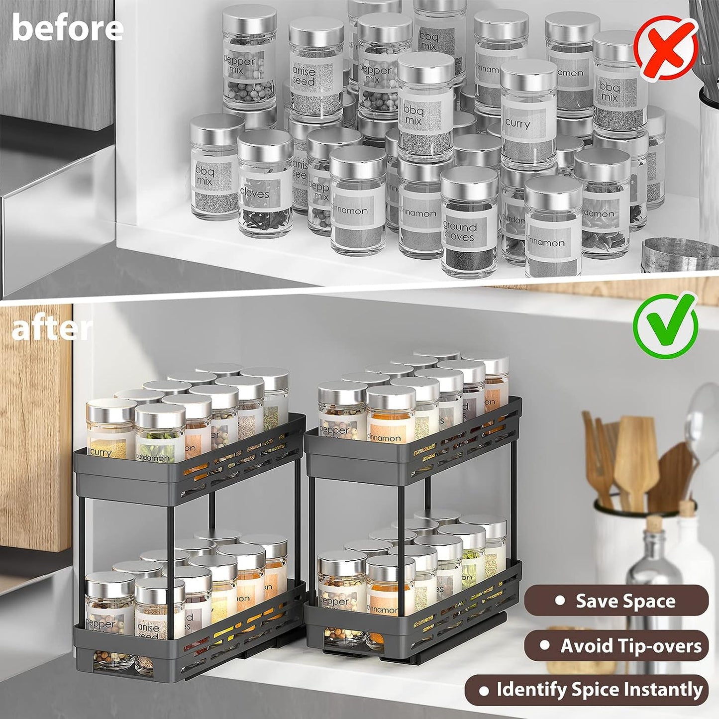 2 Pack Pull Out Spice Rack Organizer for Cabinet, AOKIWO Multi-Purpose Kitchen Storage Cabinet Organizer, Fits 12"H x 11"D x 5"W, Black