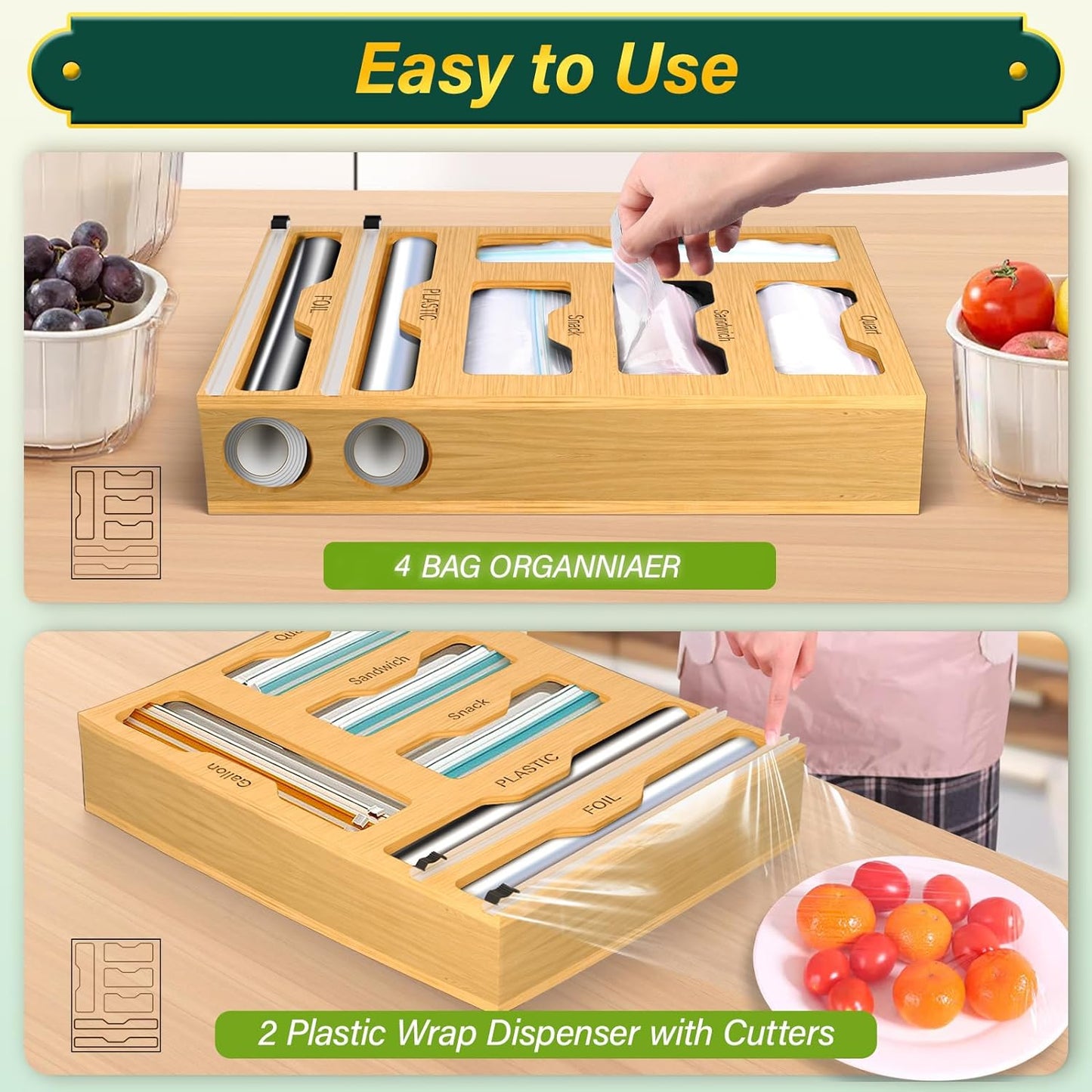 Bag Organizer and Plastic Wrap Dispenser with Cutter, 6 In 1 Bamboo Foil and Plastic Wrap Organizer for Kitchen Drawer, Food Storage Bag Organizer for Gallon,Quart,Sandwich,Snack(Yellow)