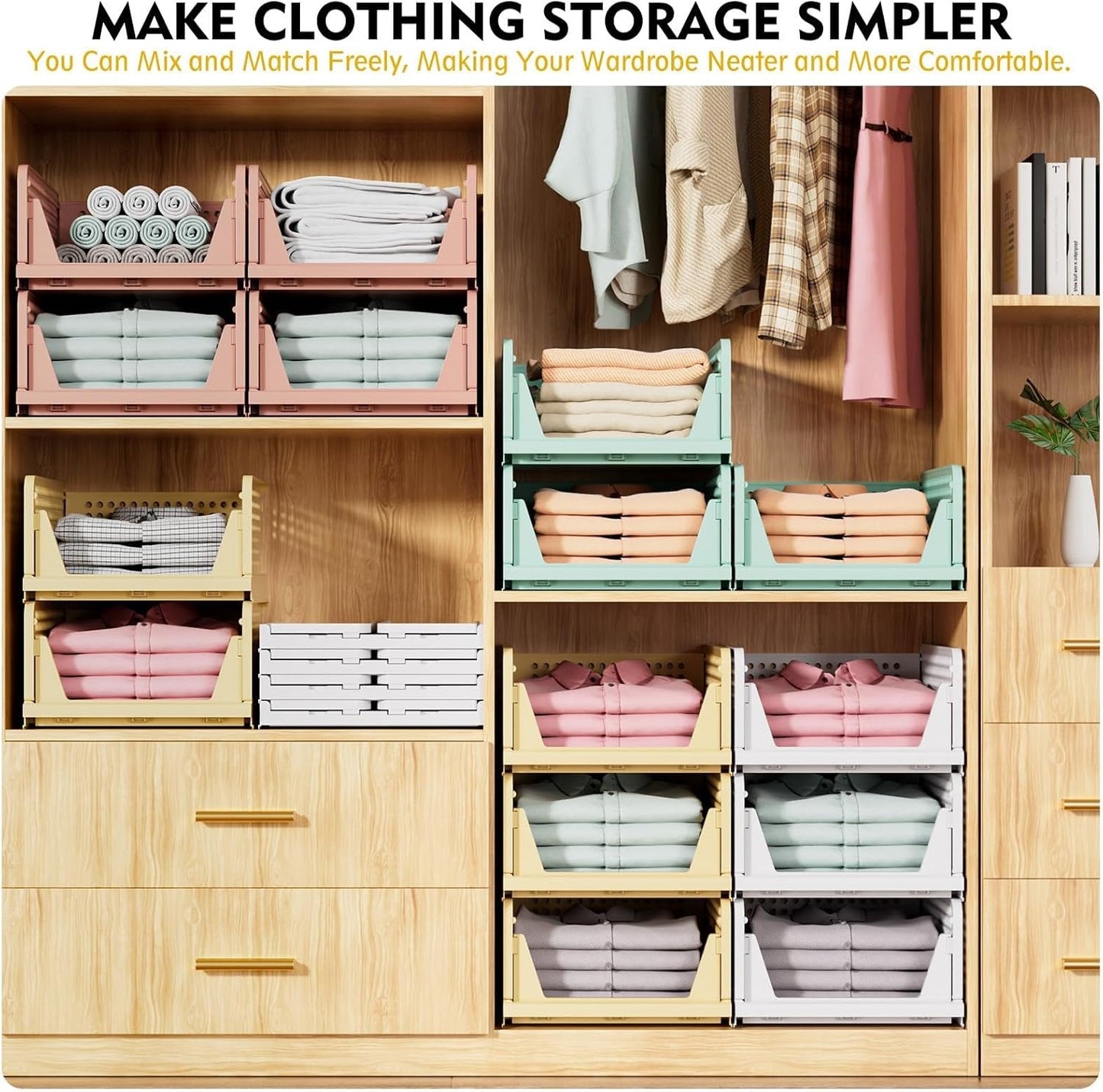 TAIMASI 5 Pack Stackable Closet Storage Basket, Multifunctional Foldable Closet Organizer for Kitchen Bathroom Laundry Room Wardrobe Storage, Space-Saving Clothes Storage Drawer Organizer, White