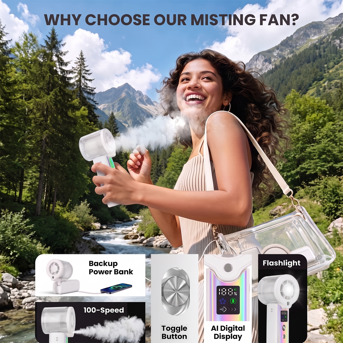 MIBOTE Upgraded Misting Fan Portable Fan with Digital Display, 30ml Water Tank, Multiple Speeds, Portable for Outdoor and Travel –White