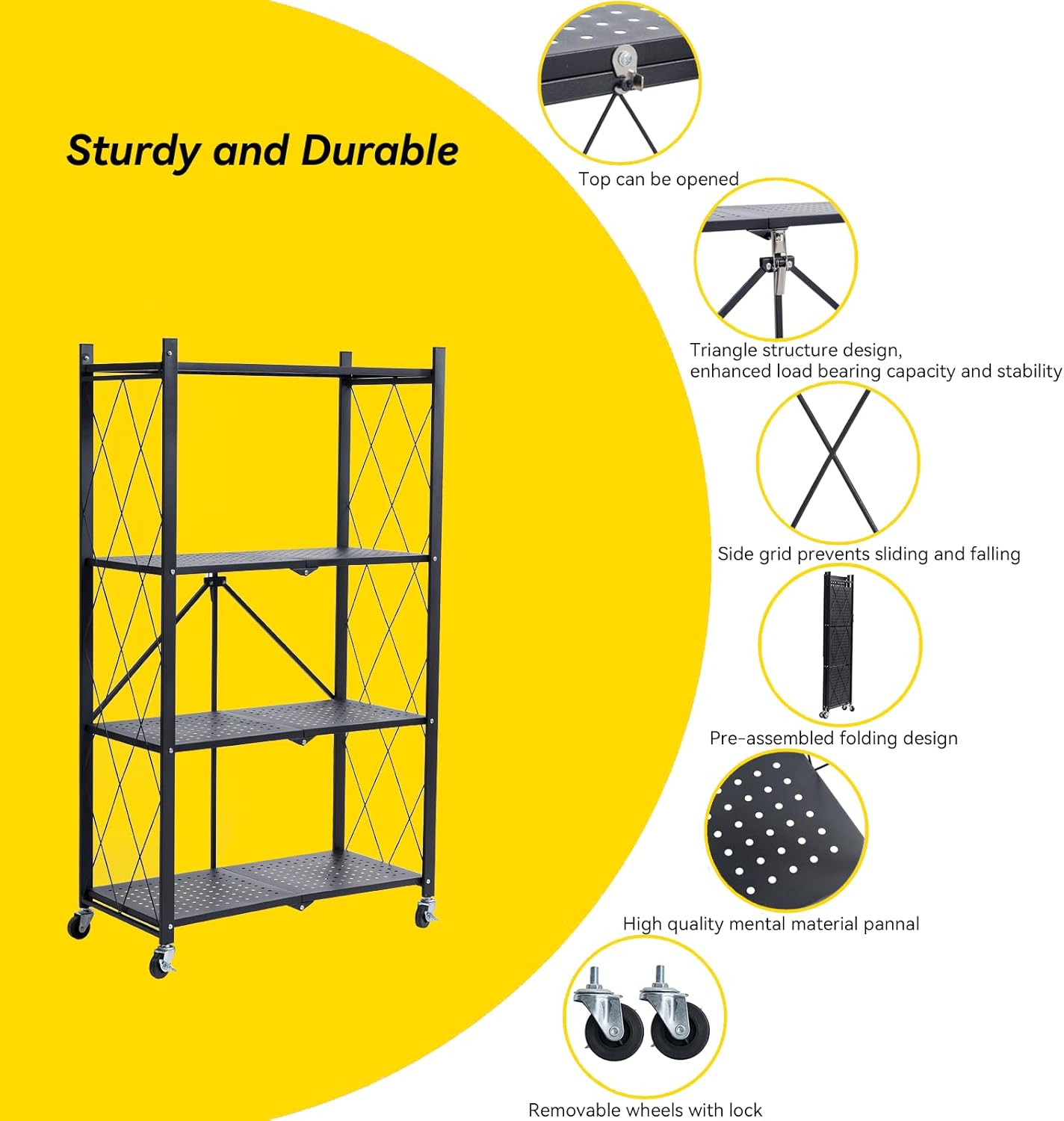 4-Tier Foldable Metal Storage Shelf with Wheels, Heavy-Duty Movable Wire Rack for Garage, Kitchen, Basement, Pantry, 28''L x 13.4''W x 49.2''H-Black