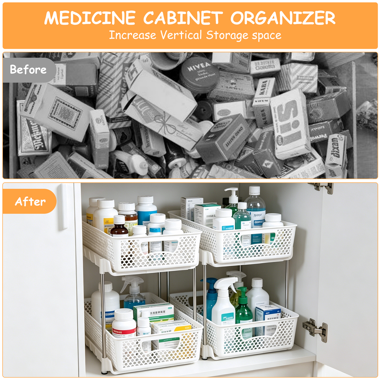 4 Pack Pull Out Bathroom Organizers and Storage, 2 Tier Stackable Under Sink Storage Organizer for Bathroom, Kitchen Cabinet, Pantry, and Medicine Holder, Organization and Storage - White