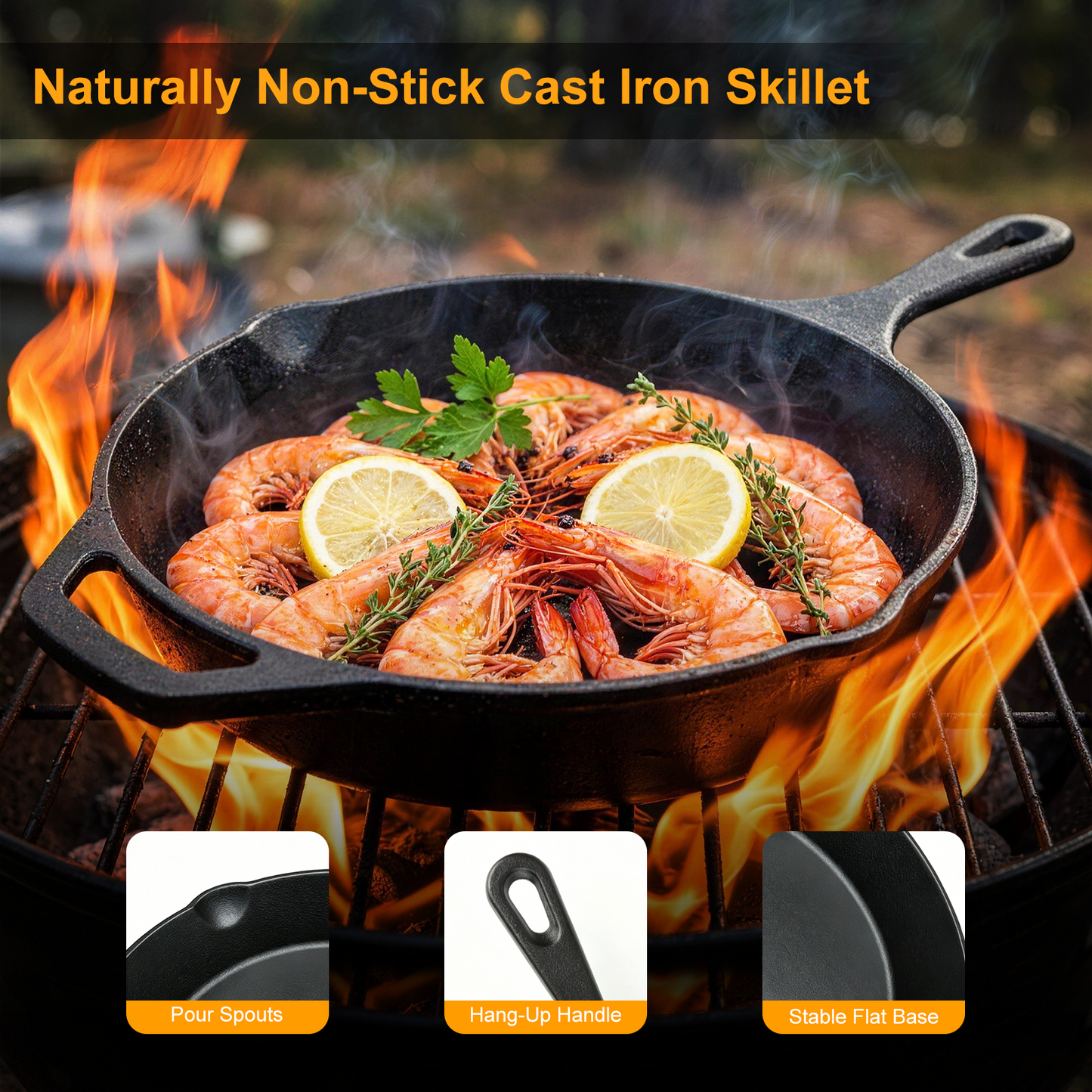 Cast Iron Skillet, TAIMASI 10" Pre-Seasoned Frying Pan With Handles, Oven Grill Stovetop Safe Cookware Set for Grilling, Sauteing, Baking