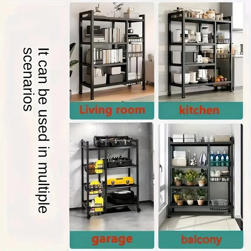 4-Tier Movable Storage Rack, Heavy-Duty Metal Shelf with 3 Wire Baskets and Wheels, Metal Shelves Organizer for Kitchen, Bathroom, Office, Garage