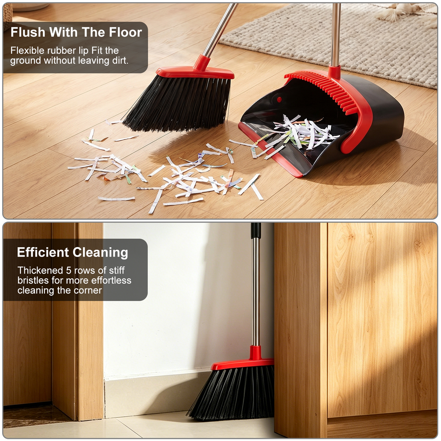 Upgrade Broom and Dustpan Set, TAIMASI Broom with Dustpan Combo with 52" Long Adjustable Handle, Ideal for Indoor Outdoor Garage Kitchen Room Office Lobby Use (Black&Red)