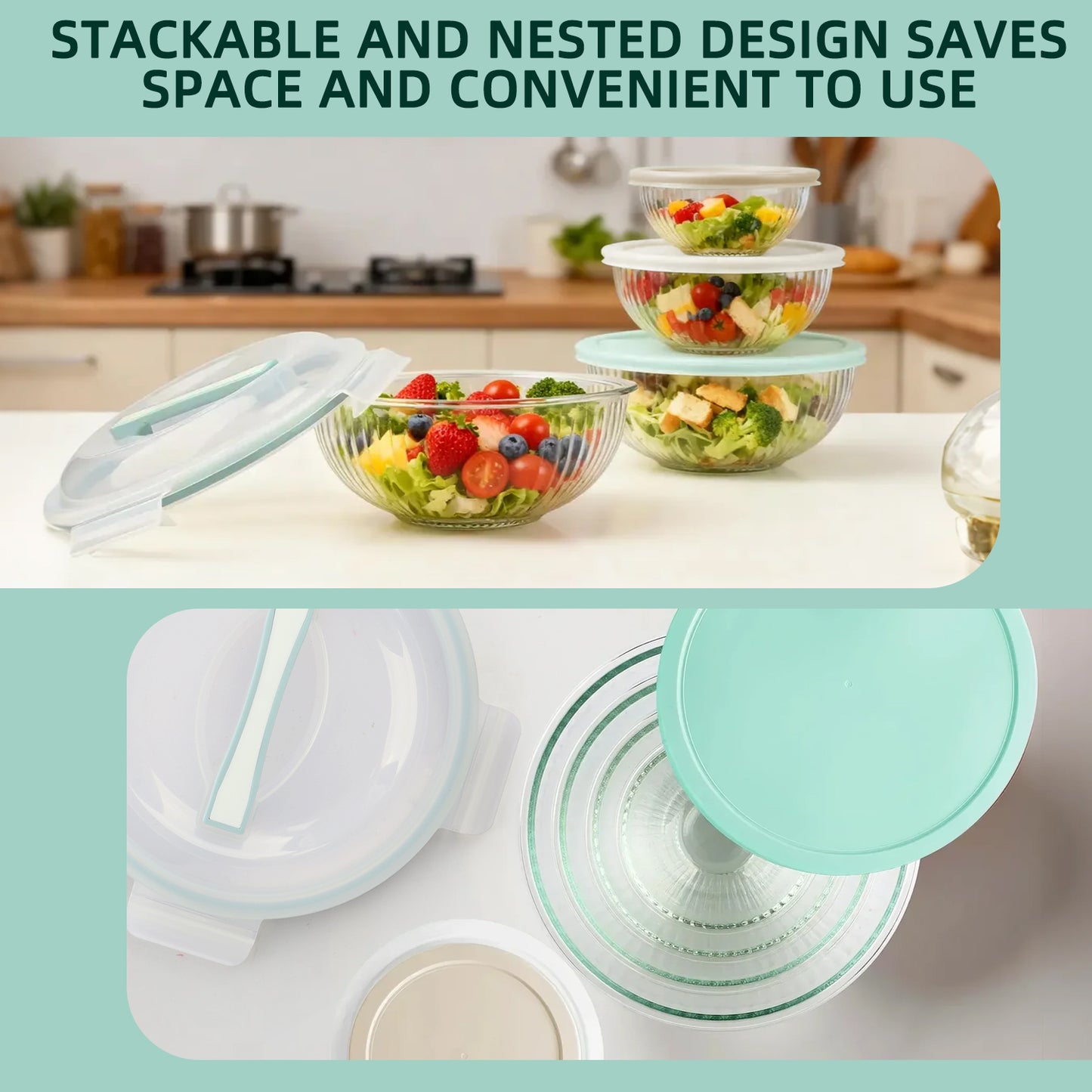 Mixing Bowls Set, AOKIWO 13 Packs 4 Size Nesting Glass Bowls with BPA-Free Lids & Baking Tools, Storage Bowl for Kitchen, Prep, Baking, Serving