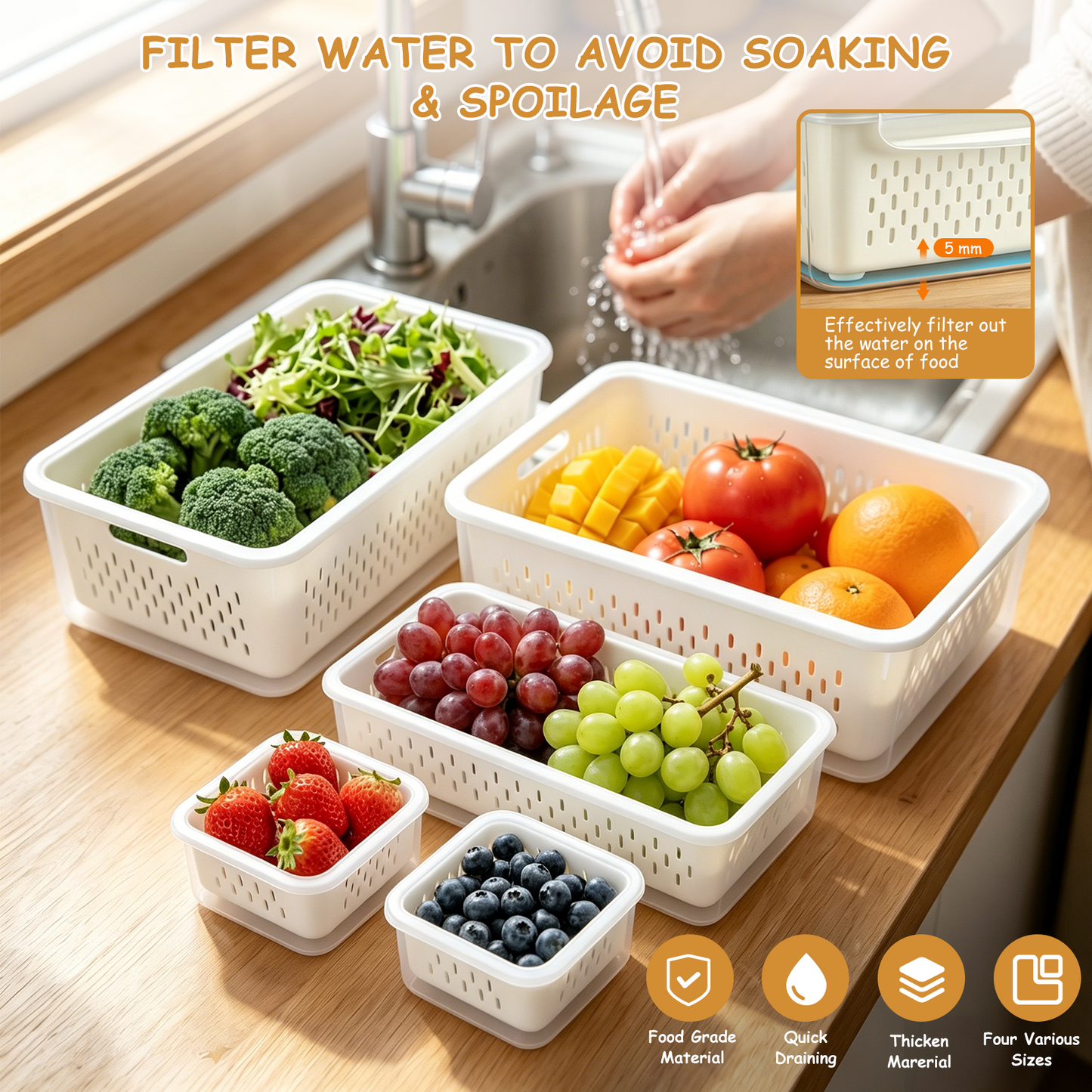 5 Pack Fruit Storage Containers for Fridge with Removable Colander & Handle Lid, Refrigerator Organizers and Storage, 5-in-1 Leakproof Organizer for Salad, Berries, Vegetables & Meat, Dishwasher Safe
