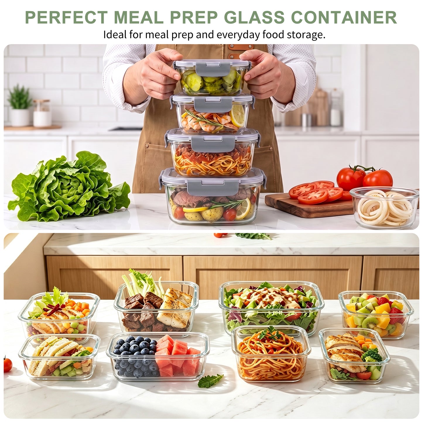 TAIMASI 16 Pack Borosilicate Glass Food Storage Containers with Lids, Airtight Leak Proof Snap Lock Glass Meal Prep Containers, Microwave Oven Freezer Dishwasher Safe, BPA Free Kitchen Storage Set